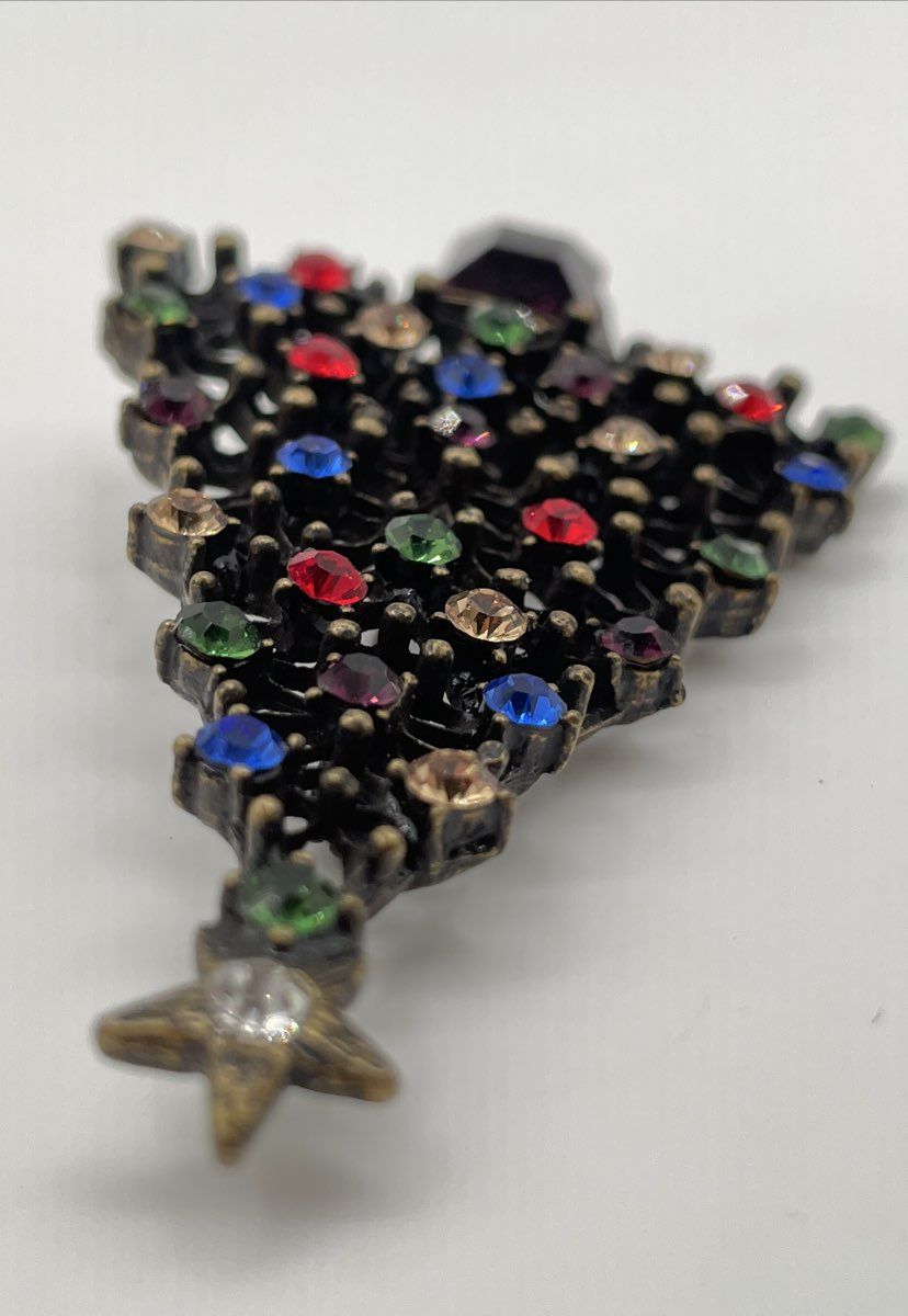 Sweet Romance Gold-Tone Multi-Colored Rhinestone Christmas Tree Brooch Pin 13.2g