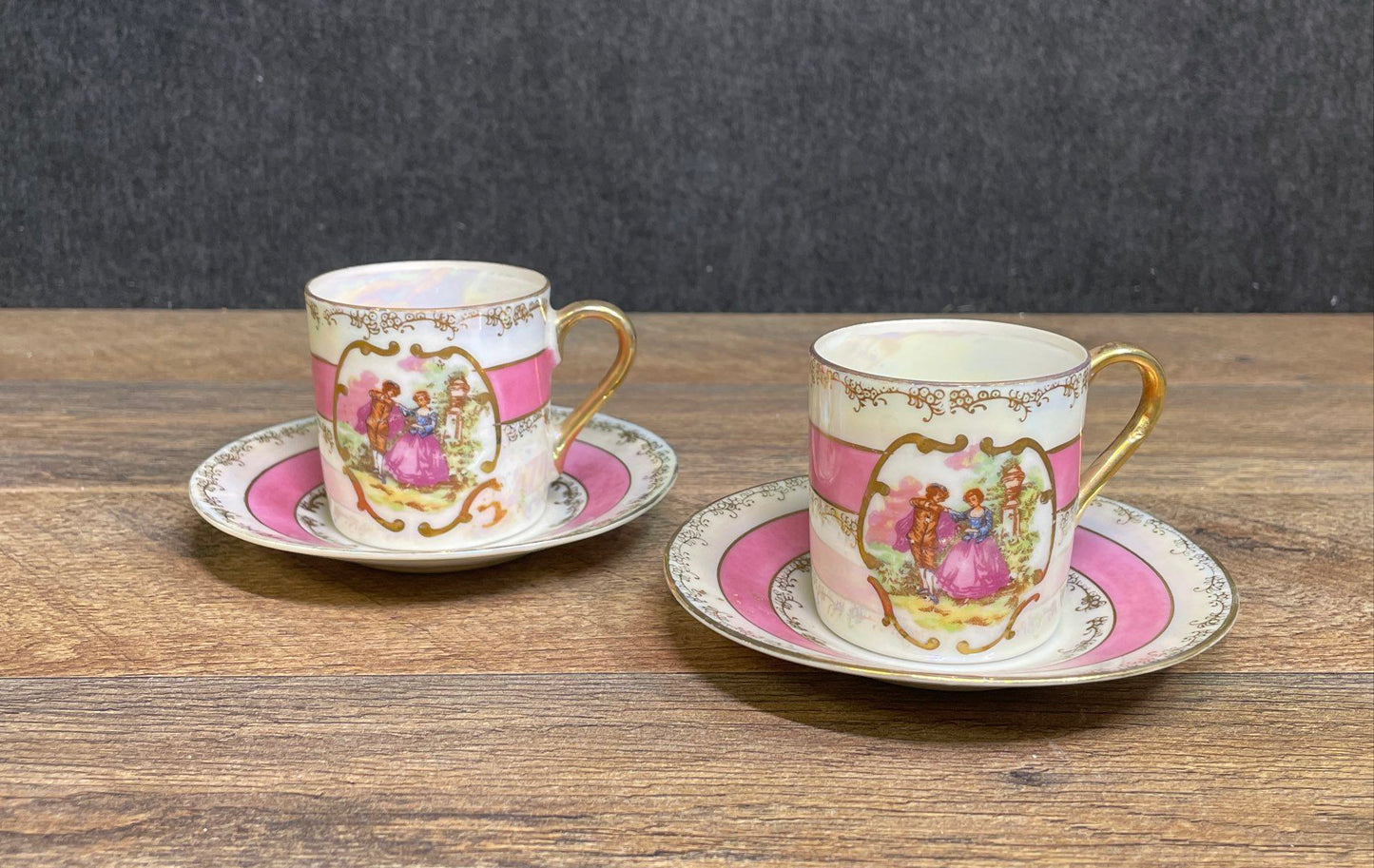 Vintage Lefton China 1798 Courting Couple Teacup & Saucer Set Pink Lusterware