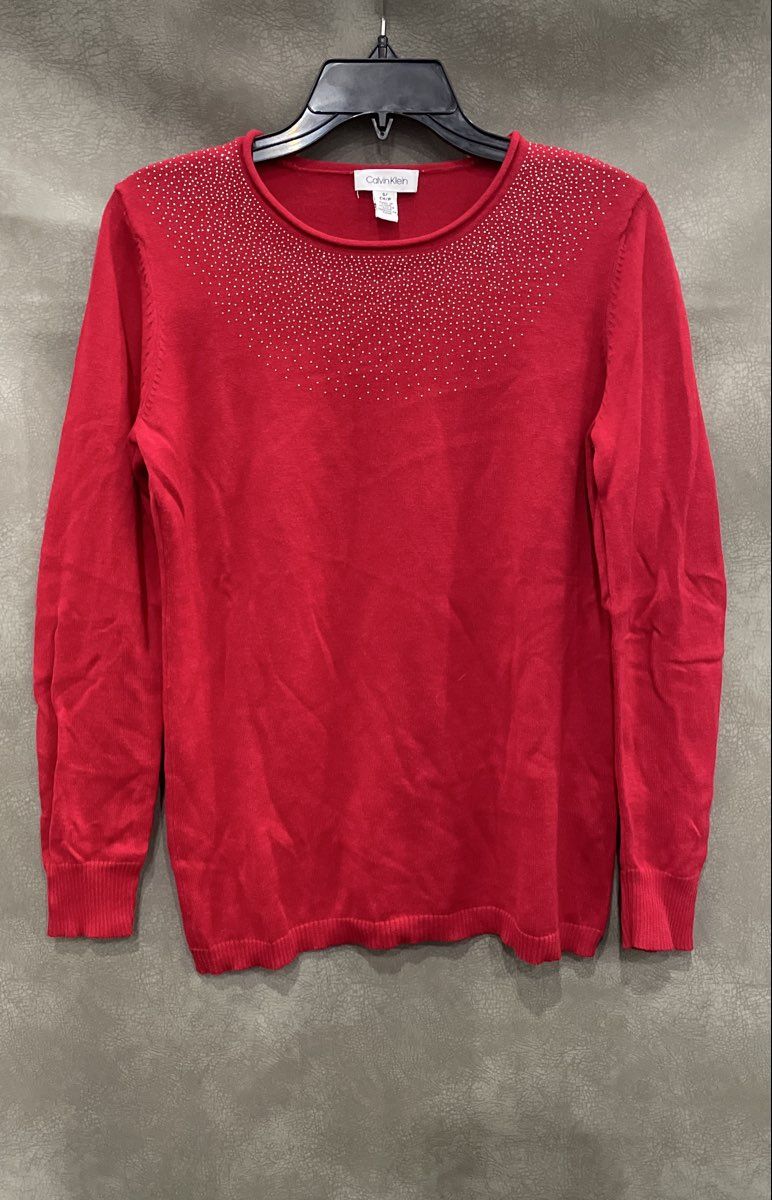 Calvin Klein Women's Red Studded Beaded Neckline Cotton Modal Sweater Sz S