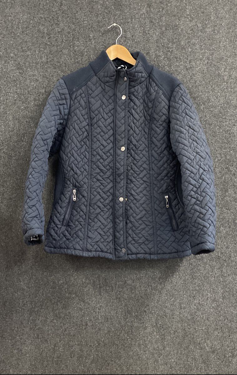 Cashew Flower Women's Navy Blue Herringbone Quilted Mock Neck Jacket Sz 44