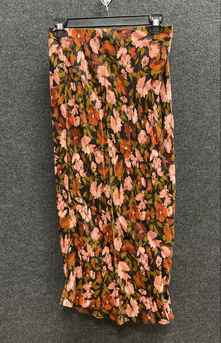 Anthropologie Women's Floral Viscose Midi Skirt Pink Rust Elastic Waist XS