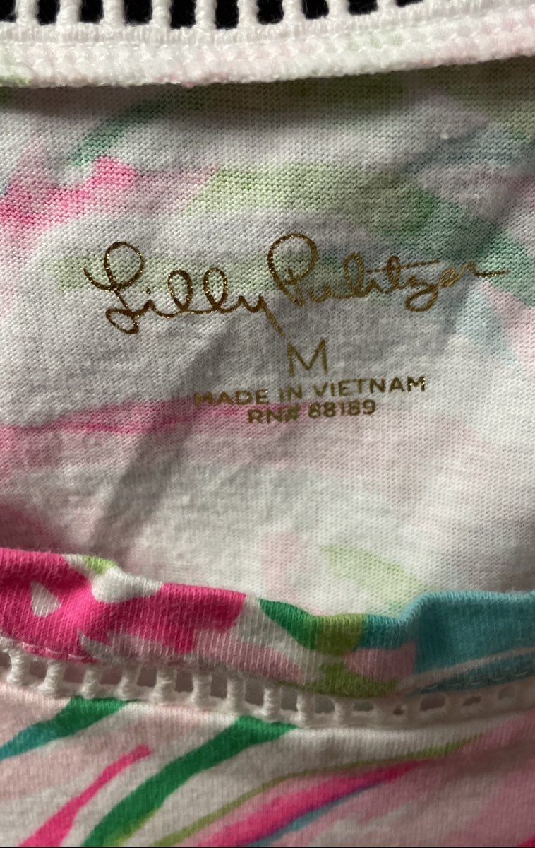Lilly Pulitzer Women's Corinne Tank Top Pink Green Floral Eyelet Lace Scallop M