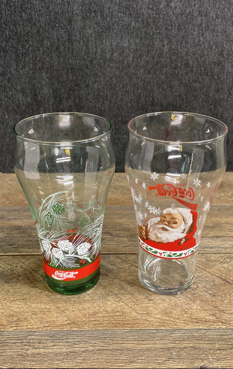 Vintage Coca-Cola Christmas Santa & Pine Cone Collectible Glasses Lot of 2
