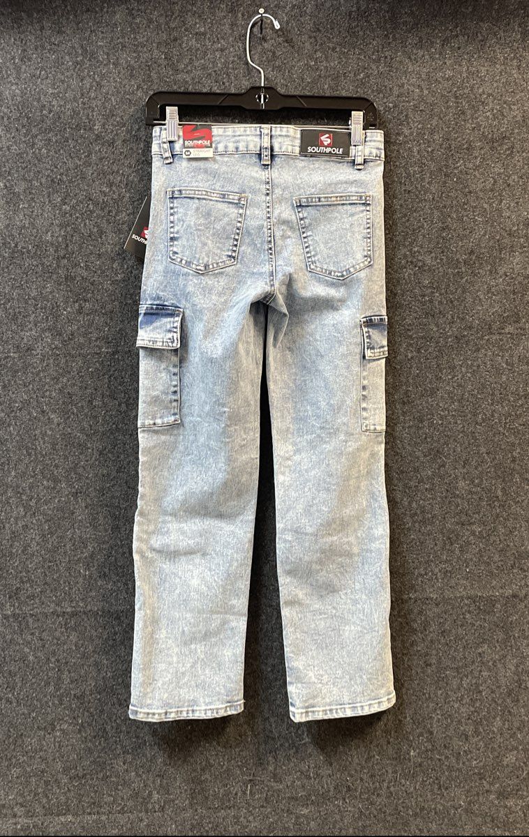 Southpole Boy's Light Cloud Acid Wash Cargo Jeans Straight Leg Zip Knee NWT 14