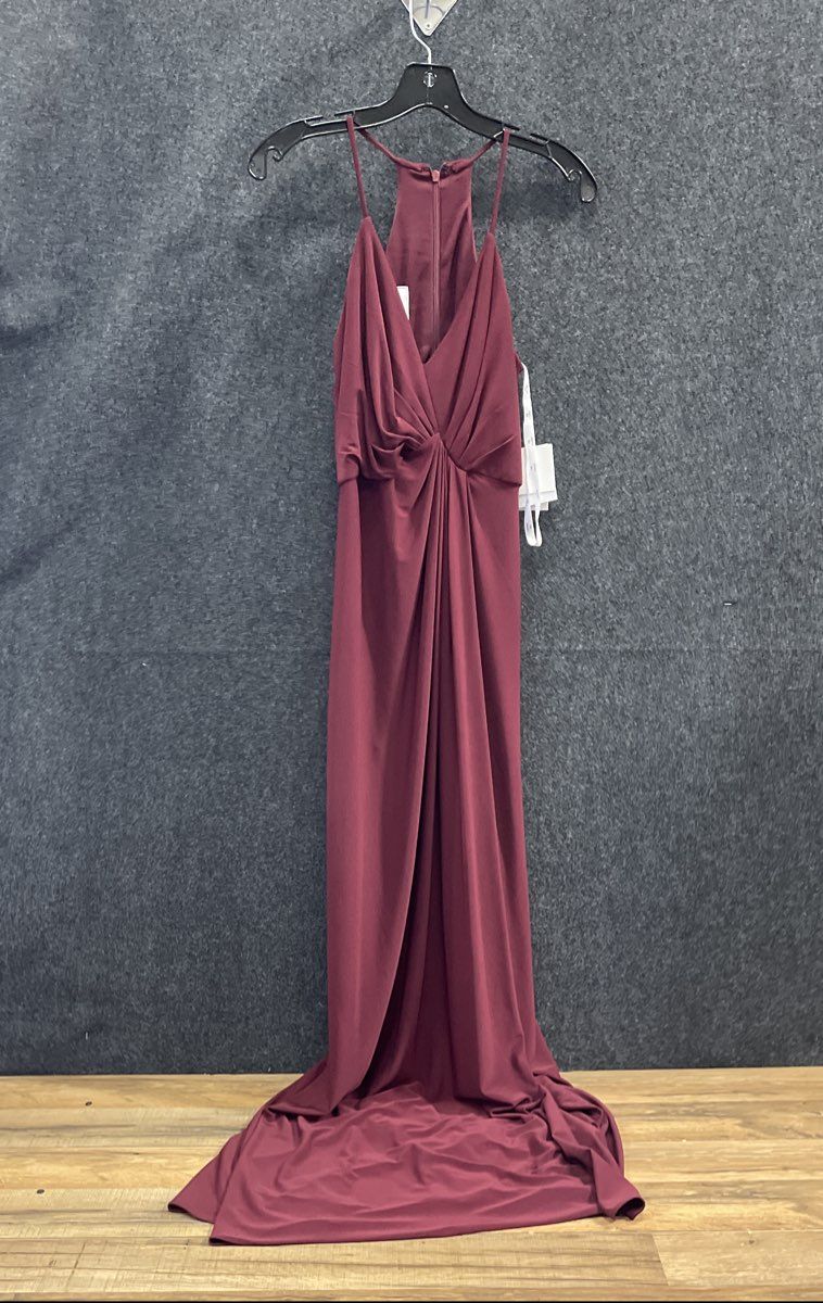 David's Bridal Women's Merlot Red V-Neck Draped Jersey Gown Dress Sz 4 NWT