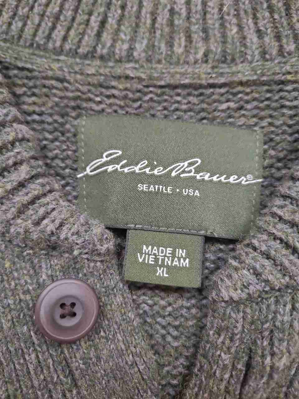 Eddie Bauer Men's Henley Sweater Green Cotton Wool Blend Ribbed Mock Neck XL