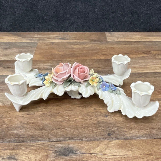 Vintage-Karl Ens-Style Porcelain Roses Flowers Candleholder Centerpiece