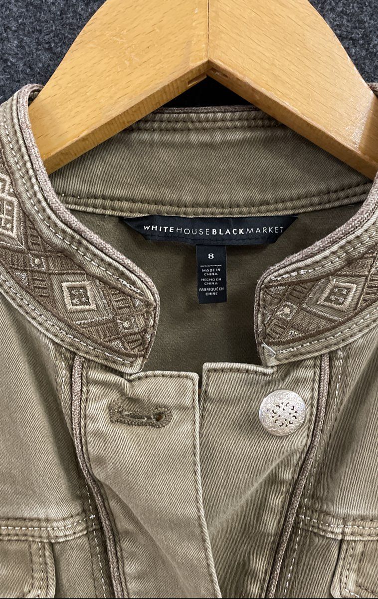 White House Black Market Women's Olive Embroidered Button Utility Jacket Sz 8