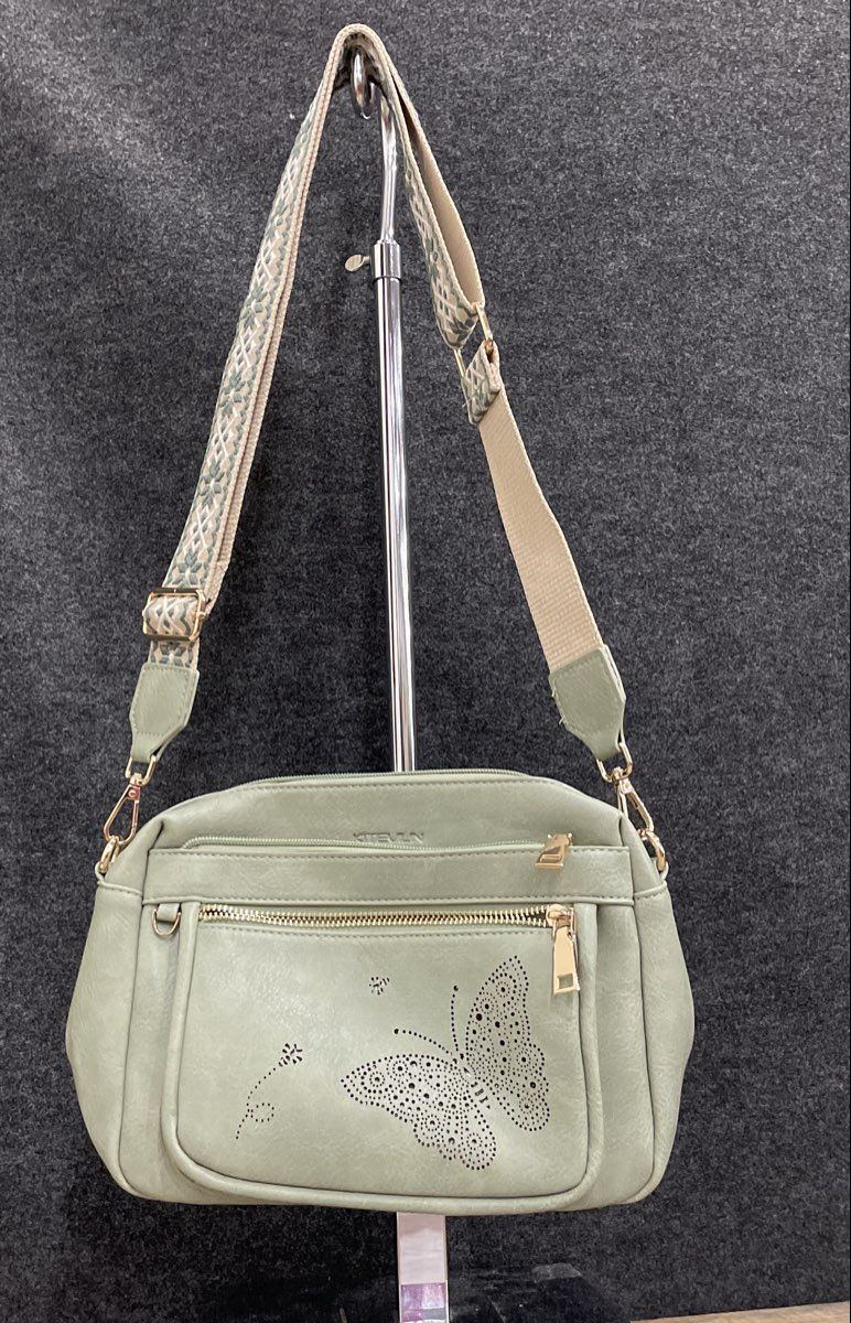 Kiteviun Sage Green Leather Butterfly Perforated Crossbody Bag Gold Hardware