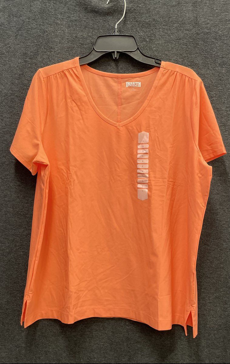 Duluth Trading Co Women's Peach V-Neck Stretch T-Shirt Short Sleeve Sz L New