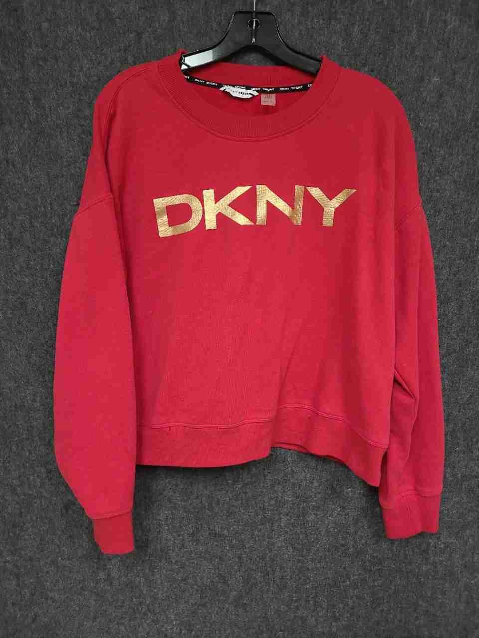DKNY Sport Women's Red Gold Foil Logo Pullover Cropped Sweatshirt Sz L