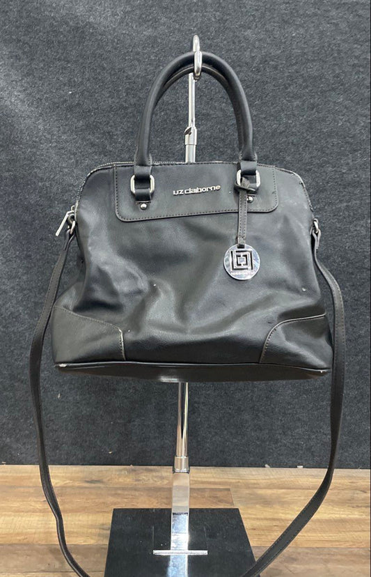 Liz Claiborne Black Pebbled Faux Leather Satchel Handbag Silver Hardware