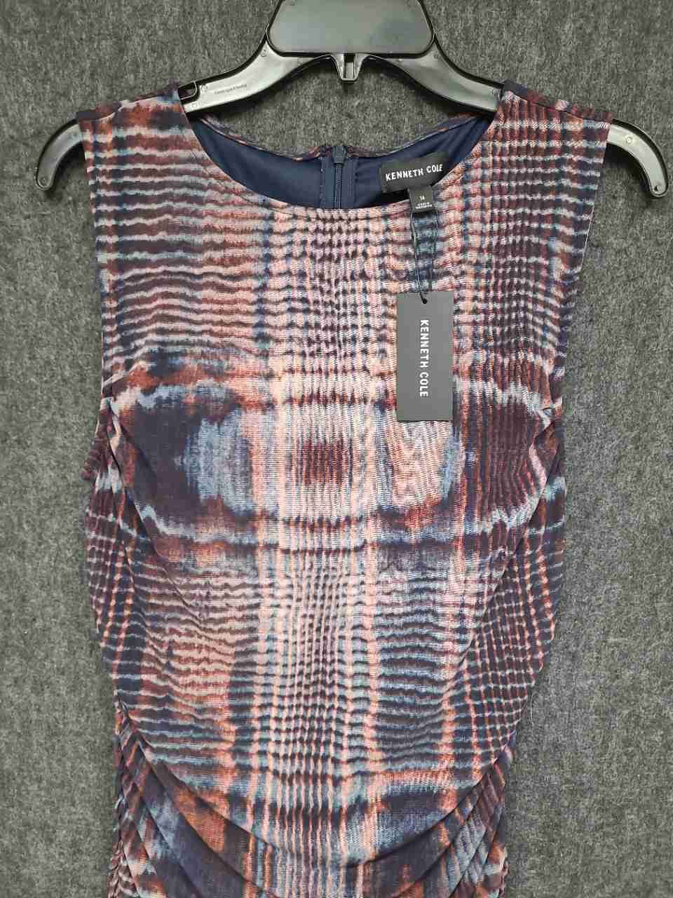 Kenneth Cole Women's Dark Navy Multi Ruched Mesh Sleeveless Maxi Dress Sz 14 NWT
