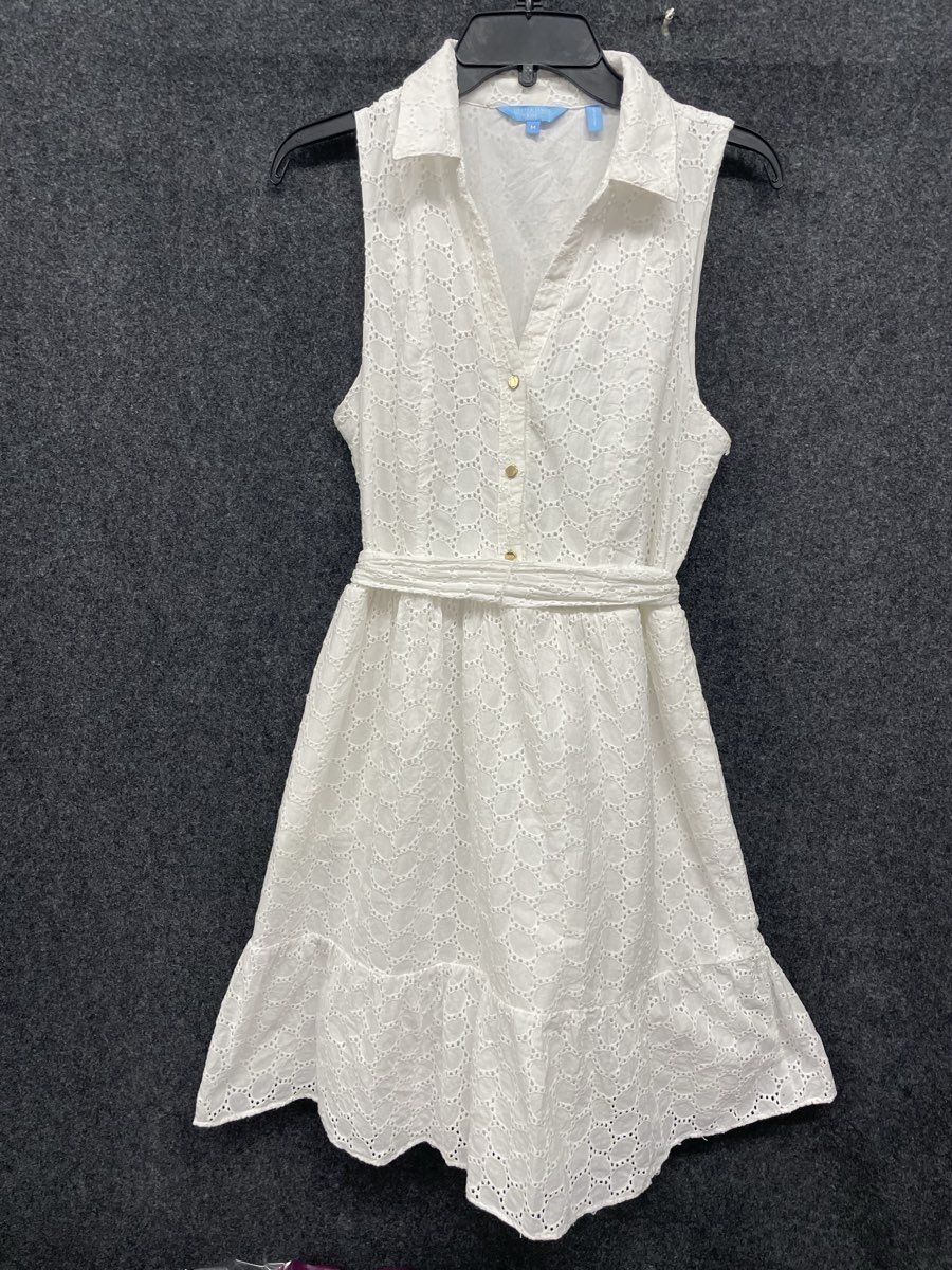 Draper James RSVP Women's White Eyelet Cotton Sleeveless Belted Mini Dress Sz M
