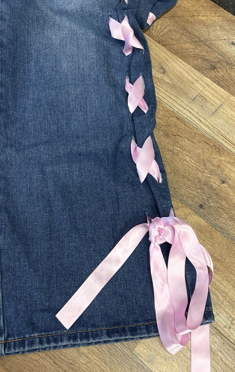 Simple Society Women's Blue Pink Ribbon Lace-Up Side Jeans Sz 1/25