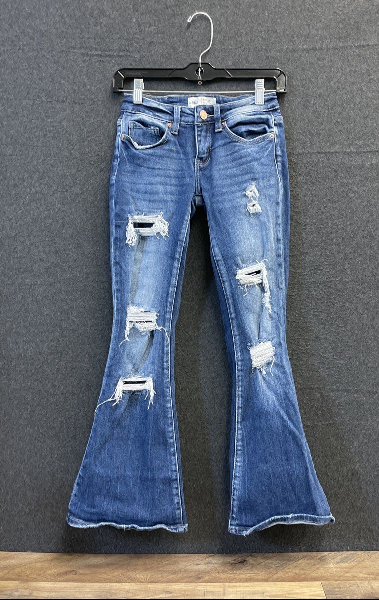 BKE Women's Stella Slim Fit Low Rise Flare Jeans Med Wash Distressed 23x29.5