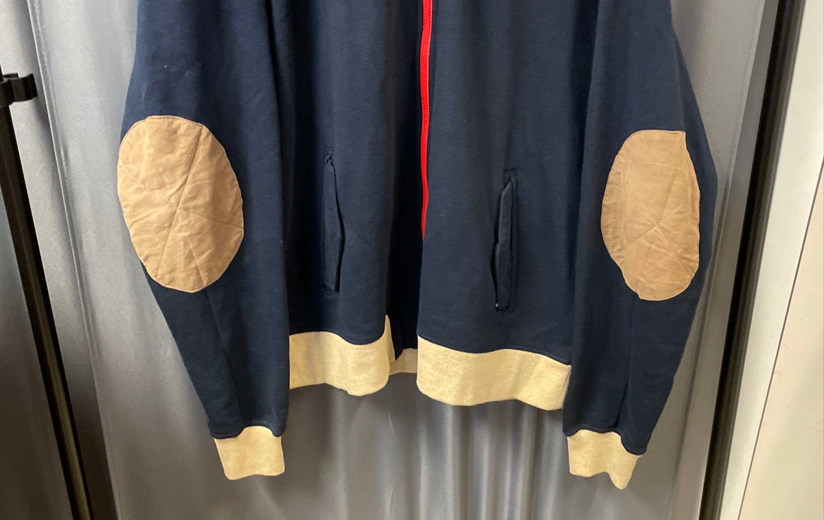 Hustle Gang Men's Full Zip Track Jacket Navy Blue Tan Elbow Patches Sz 2XL