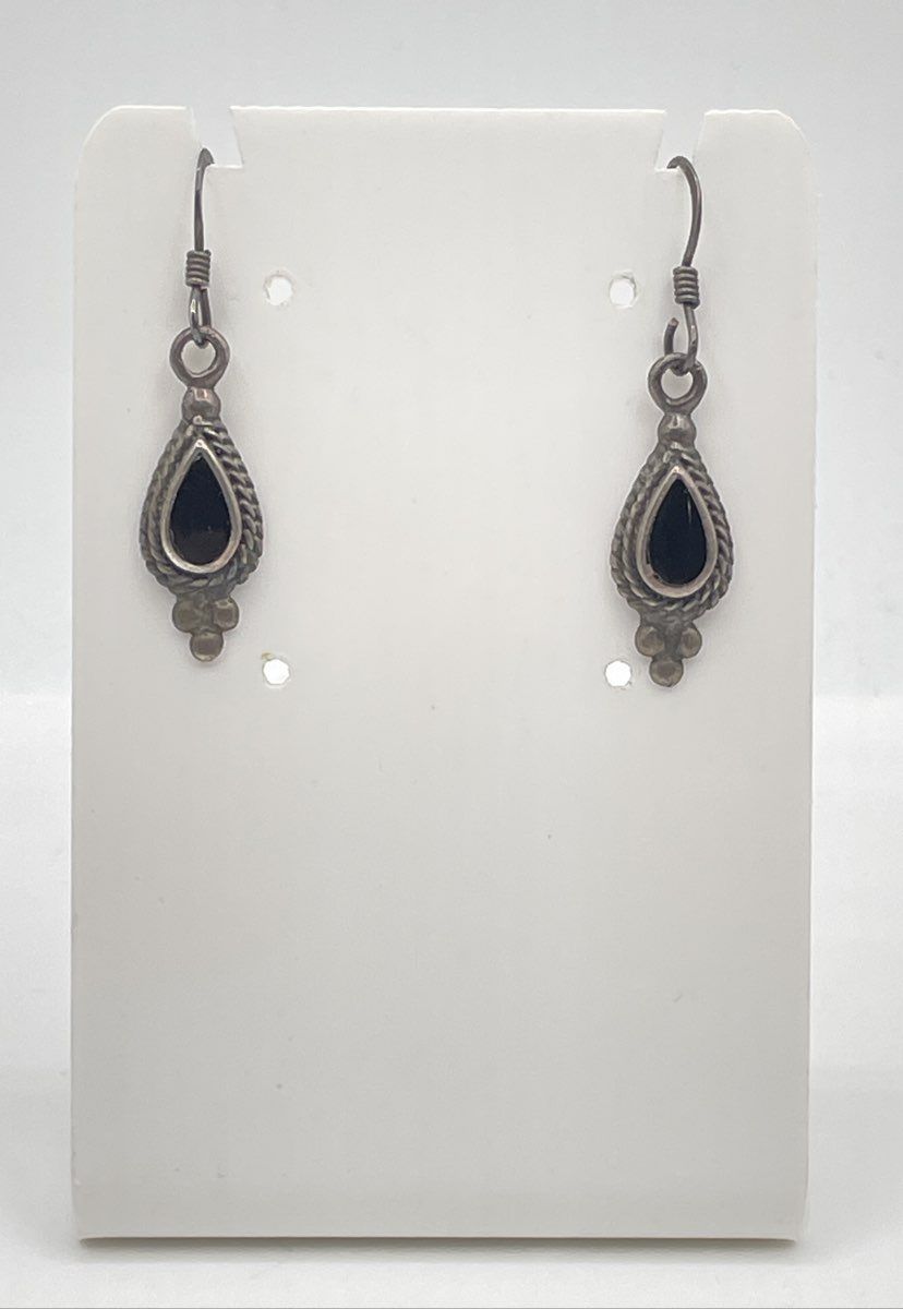 Marsala 925 Sterling Silver Black Onyx Teardrop Rope Bezel Dangle Earrings 2.7g