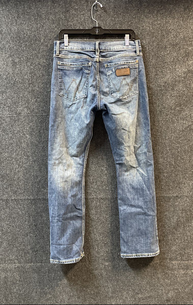 Wrangler Men's Retro Slim Boot Blue Distressed Faded Denim Jeans Sz 30x32