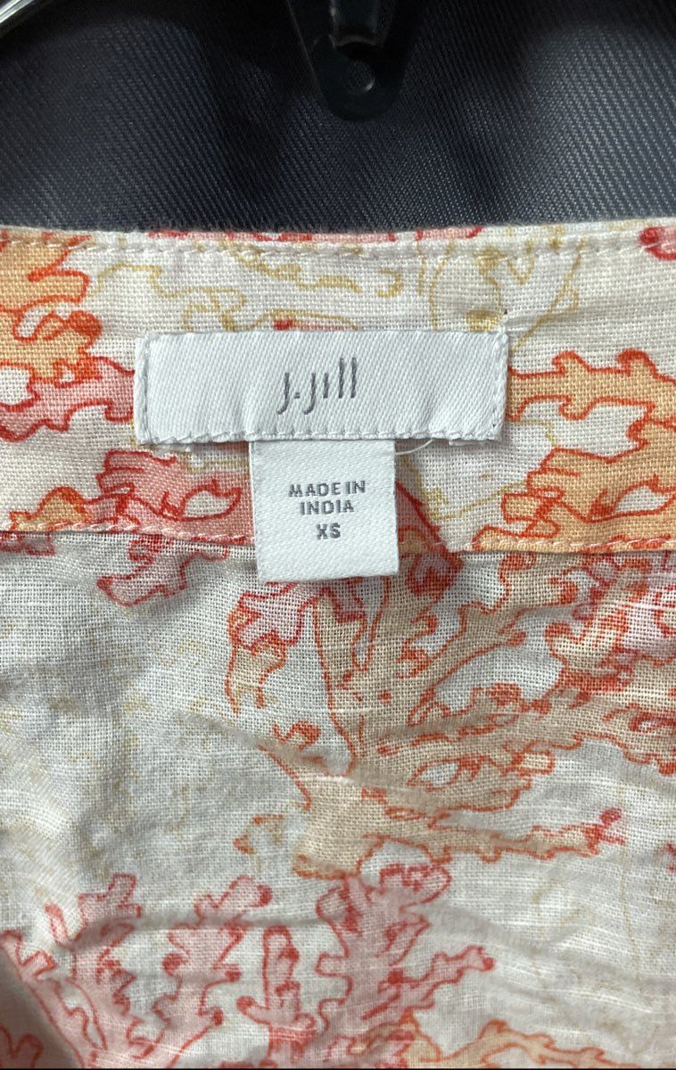 J. Jill Women's Coral V-Neck Top Sea Coral Print Linen Cotton Crochet Trim XS