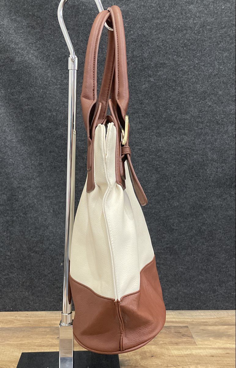 White Brown Leather Two-Tone Tote Shoulder Bag Gold Buckle Detail