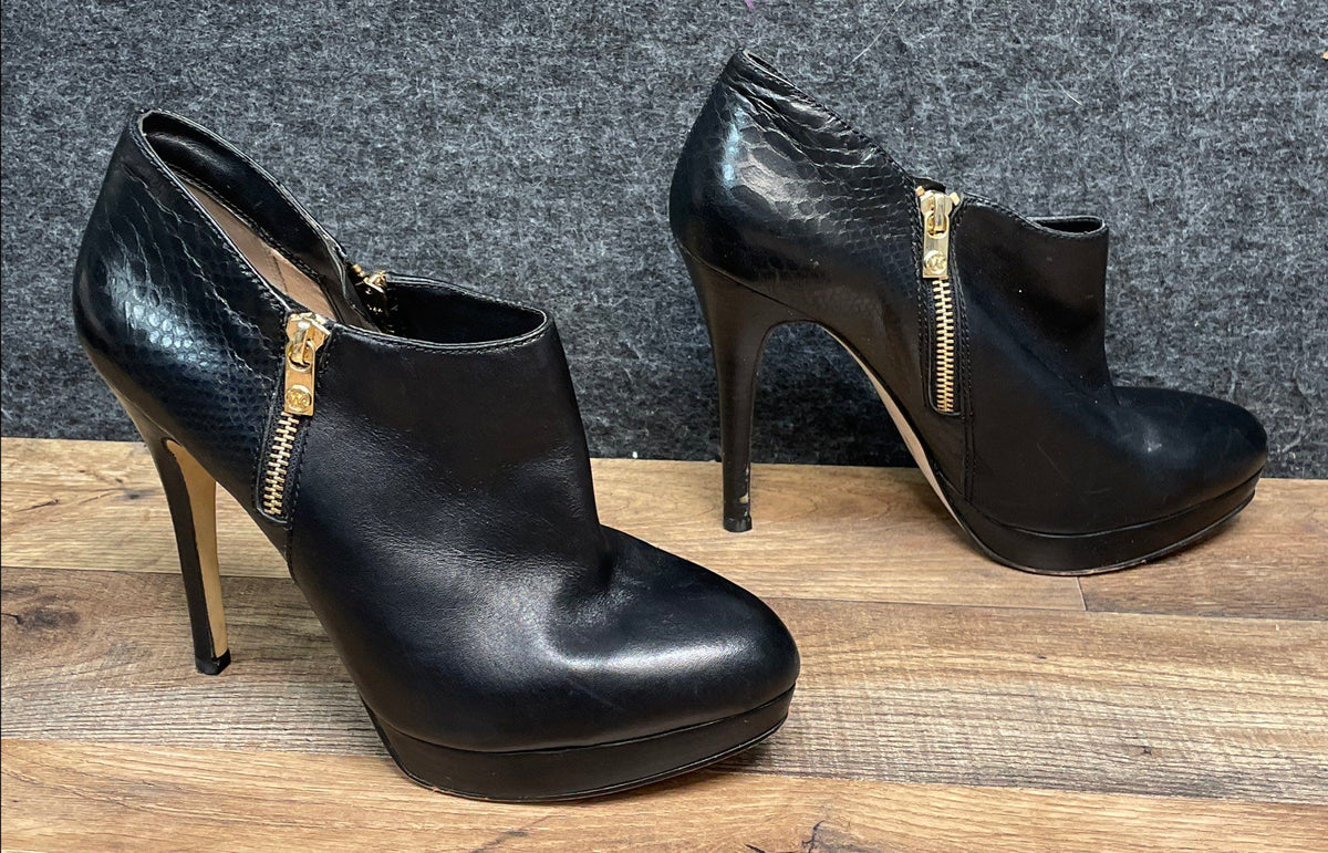 Michael Kors Black Leather Gold Zip Platform Shootie Heels Size 9.5M