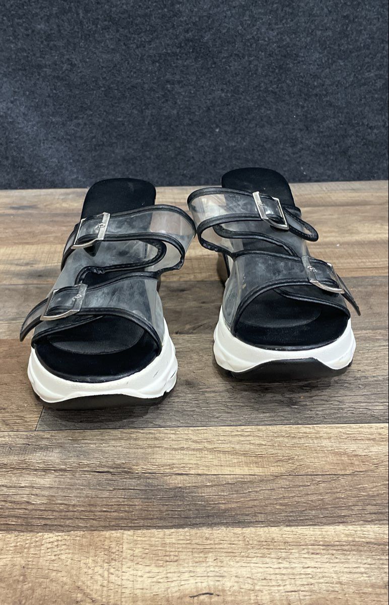 Black White Clear PVC Double Buckle Architectural Heel Platform Sandals Size 12