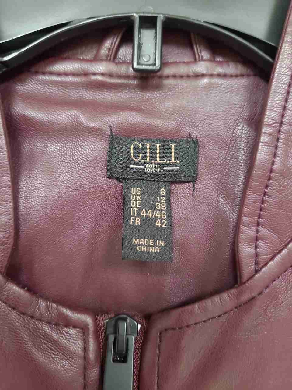 G.I.L.I. Women's Burgundy Faux Leather Peplum Moto Jacket Zip Front Size 8