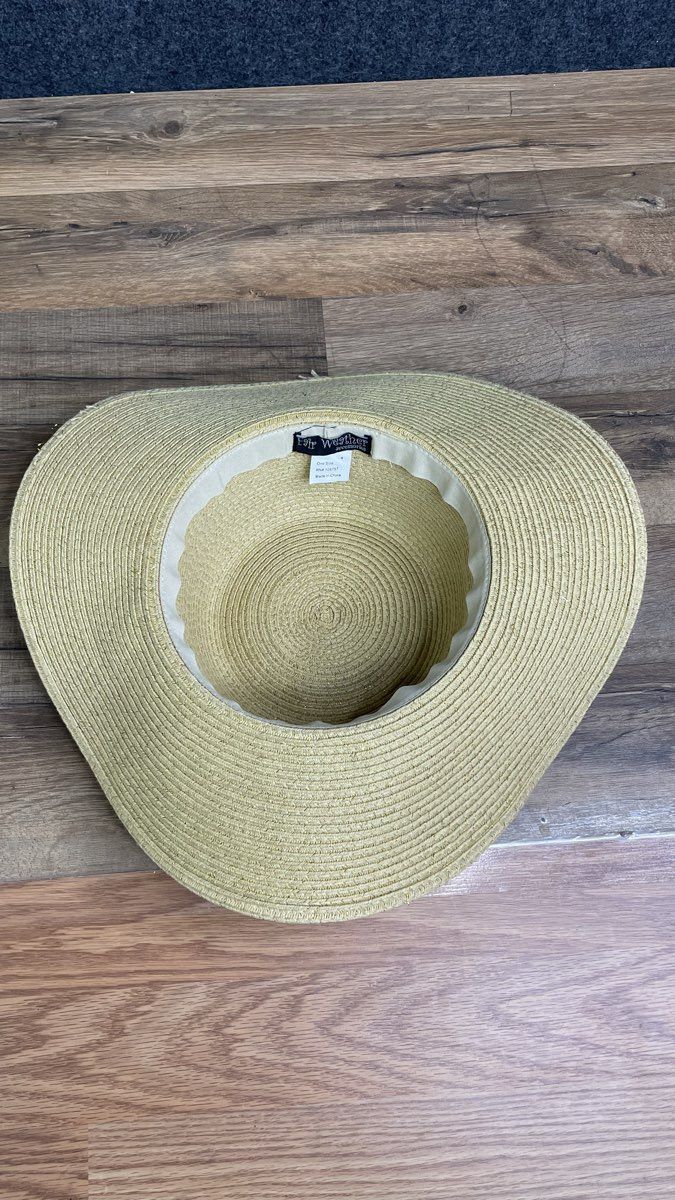 Fair Weather Women's Wide Brim Sun Hat Tan Gold Metallic Straw Boater One Size