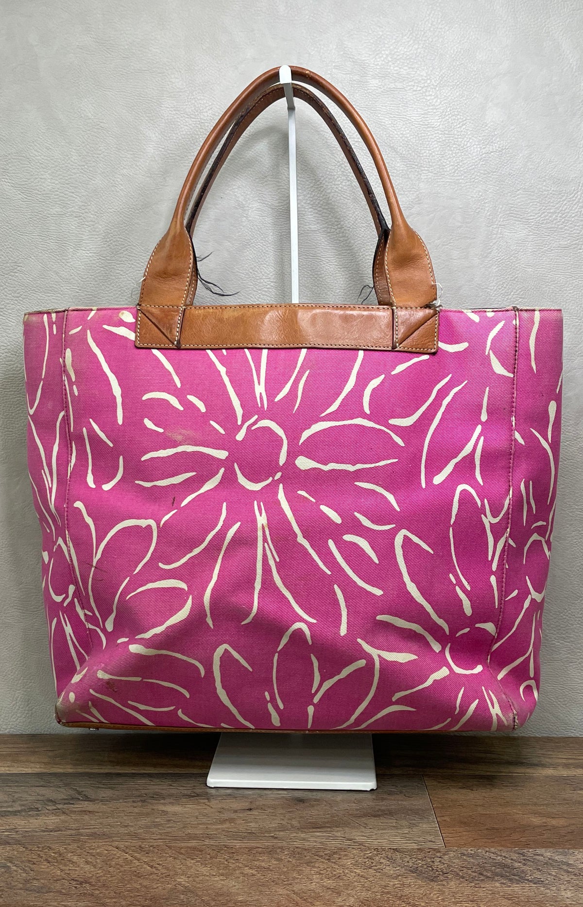 Kate Spade Pink Floral Canvas Tote Bag Brown Leather Trim Large