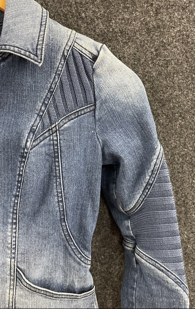 Sam Edelman Women's Blue Denim Moto Jacket Asymmetrical Zip Ribbed Panels Sz XS