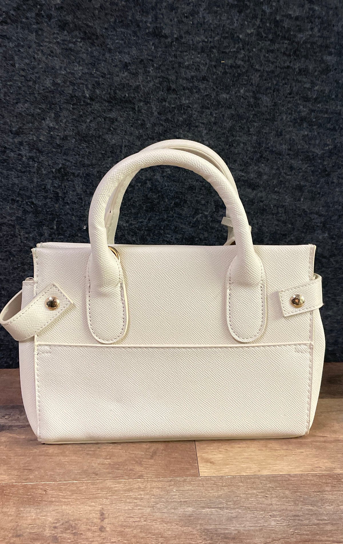 Bebe White Textured Faux Leather Satchel Bag Gold Hardware Top Handle Crossbody