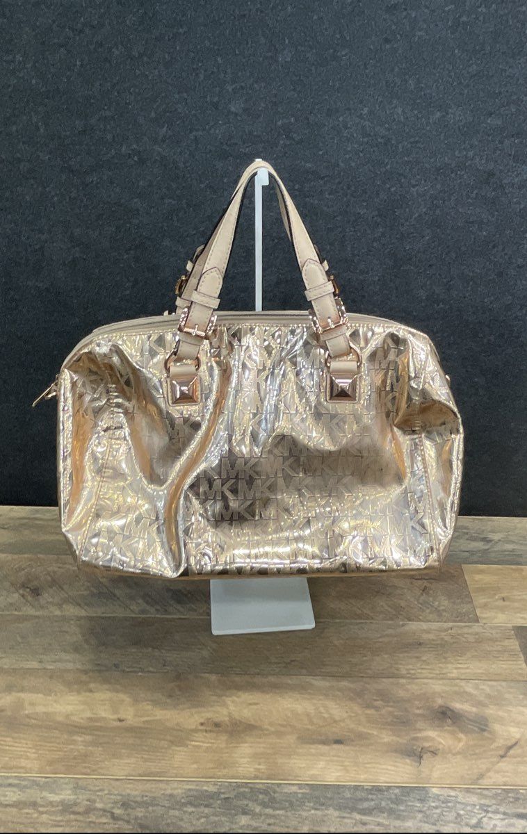 Michael Kors Rose Gold Mirror Monogram Logo Satchel Handbag Rose Gold Hardware
