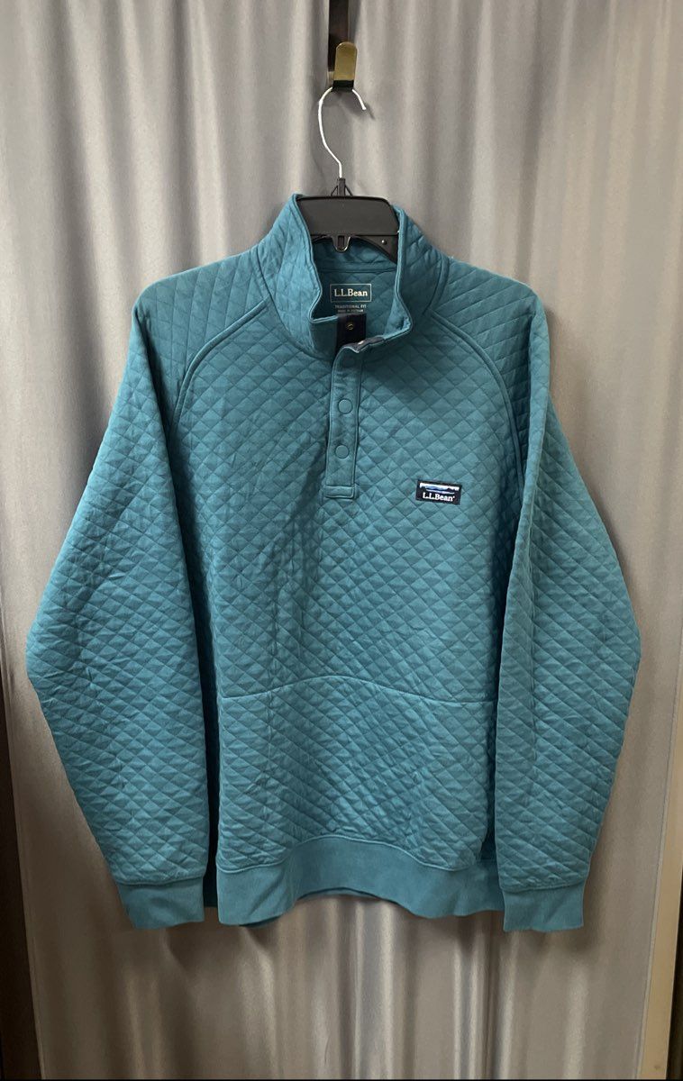 L.L.Bean Men's Teal Blue Quilted Quarter-Snap Pullover Sweatshirt Sz L