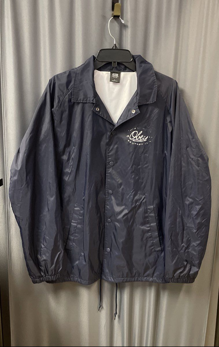 Obey Men's Navy Blue Nylon Coach's Jacket Worldwide Propaganda Graphic Sz L