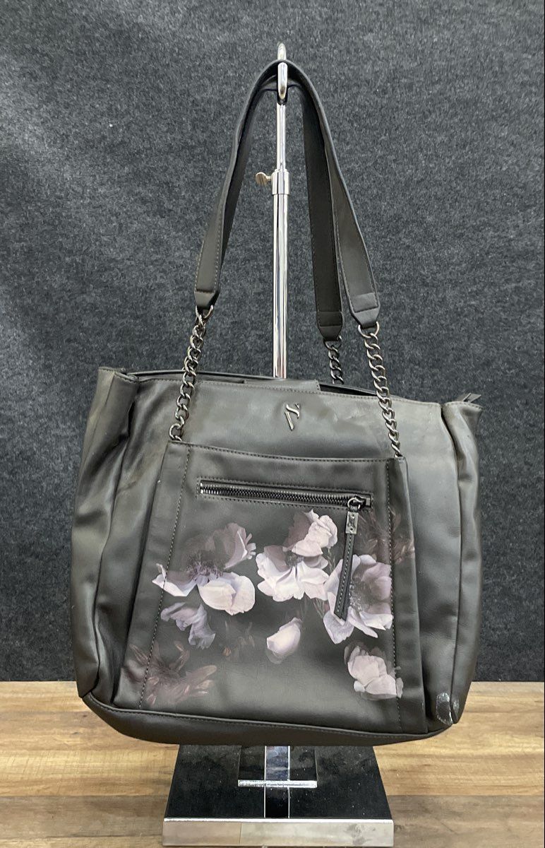Simply Vera Vera Wang Black Floral Faux Leather Tote Bag Chain Handles Large