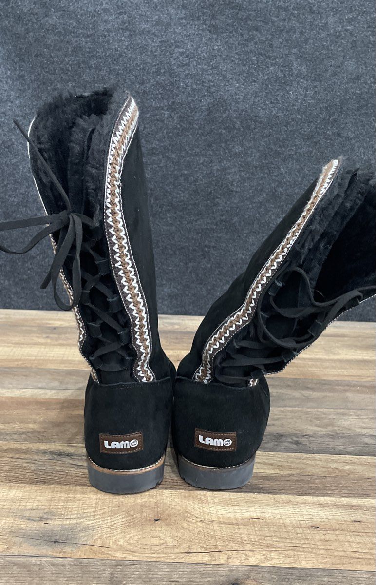 Lamo Black Faux Fur Lined Lace Back Tall Boots Women's Size 9