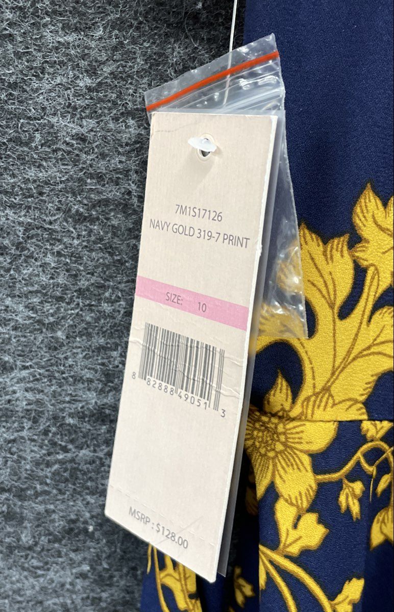 Nanette Nanette Lepore Women's Navy Gold Floral Pleated V-Neck Dress Sz 10 NWT