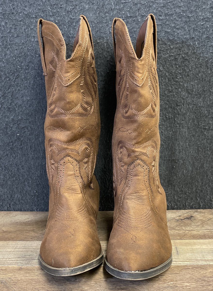 Celia Women's Brown Western Cowboy Boots Embroidered Mid-Calf Pointed Toe