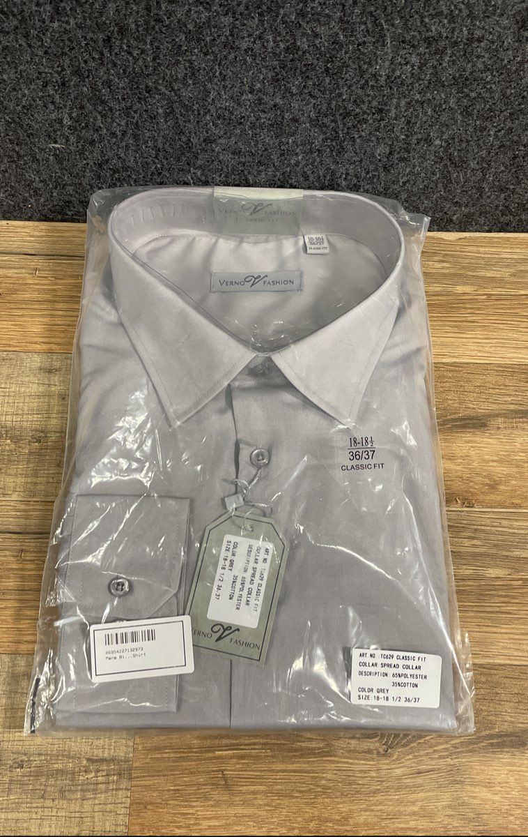 Verno Fashion Men's Grey Classic Fit Spread Collar Dress Shirt Sz 18-18.5 36/37