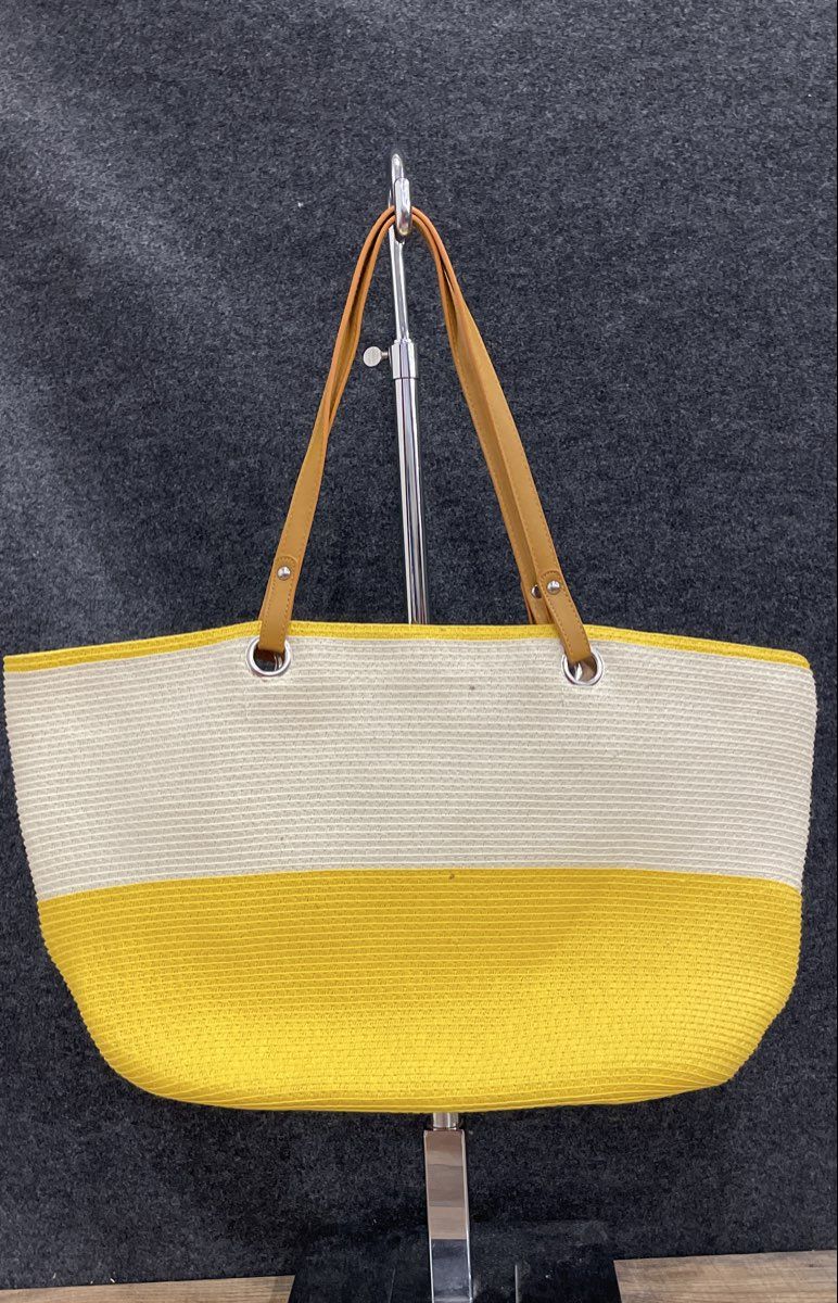 Yellow White Woven Color Block Large Tote Beach Shoulder Bag Silver Hardware