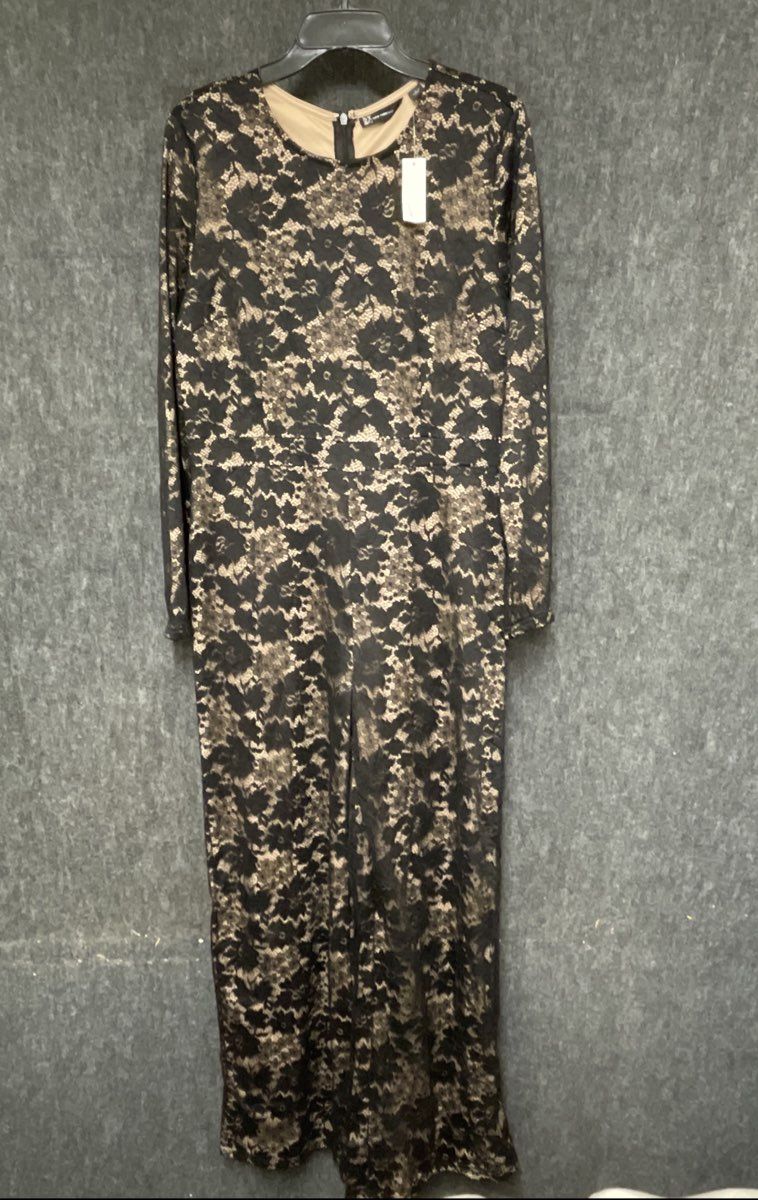 New York & Company Women's Black Gold Floral Lace Long Sleeve Jumpsuit L NWT