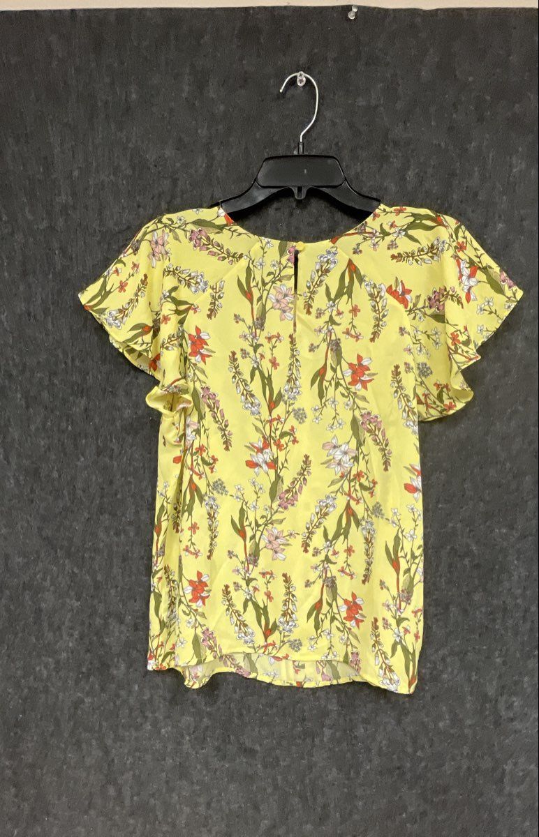 Worthington Women's Yellow Floral Flutter Sleeve Pleated Blouse Petite Sz PM