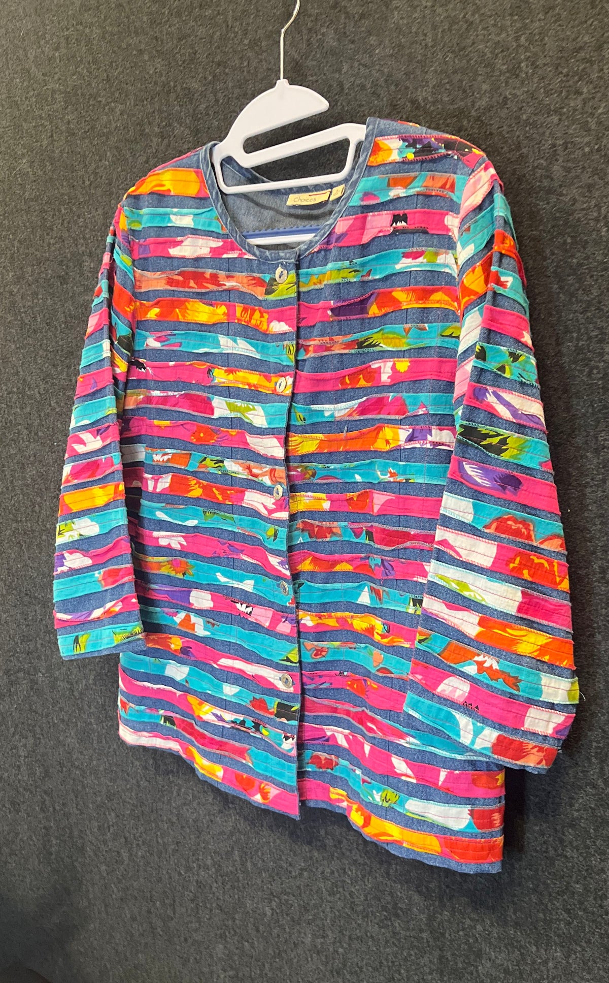 Choices Women's Multicolor Rainbow Striped Patchwork Button Front Shirt Sz S