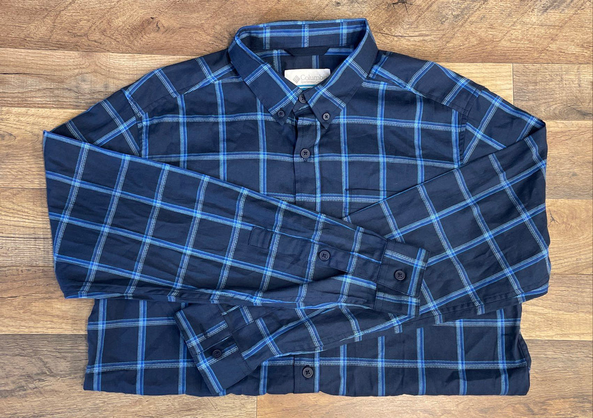 Columbia Men's Blue Plaid Long Sleeve Button Down Cotton Stretch Shirt Sz M NWT