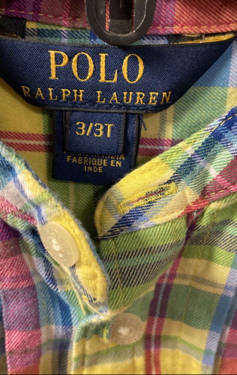 Polo Ralph Lauren Toddler Yellow Multi Plaid Band Collar Pleated Shirt Sz 3T