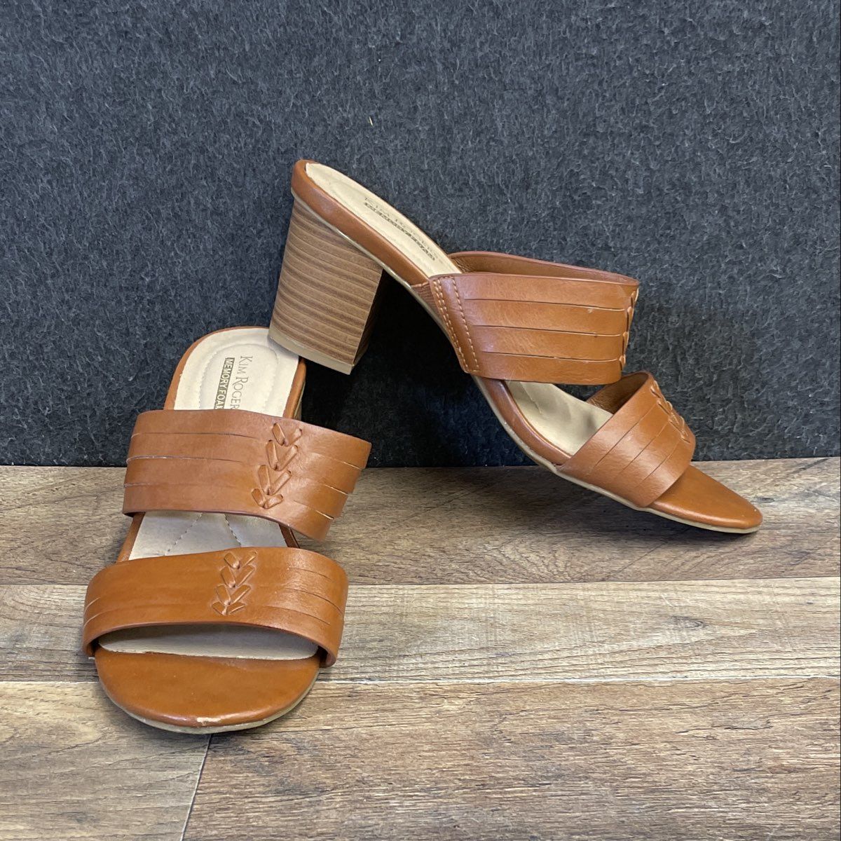 Kim Rogers Sonney Tan Faux Leather Block Heel Slide Sandals Size 8.5