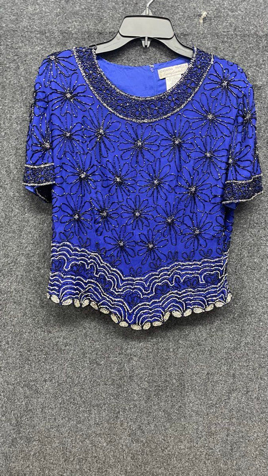 Vintage 90s Adrianna Papell Women's Blue Beaded Silk Evening Blouse Top Sz L