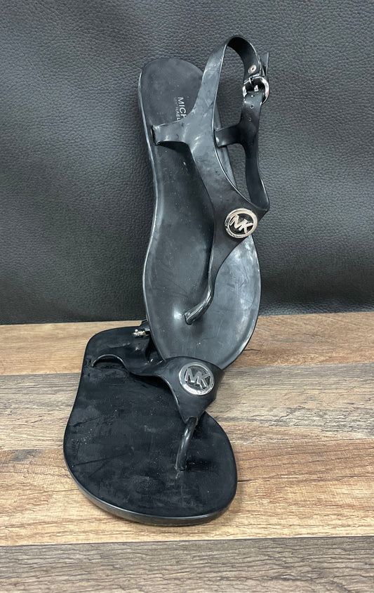 Michael Kors Jelly Thong Ankle Strap Sandal Black Silver Logo Size 8