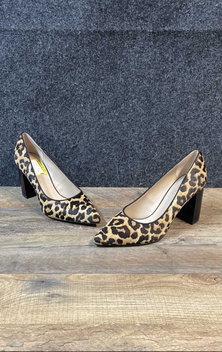 Franco Sarto Palma Leopard Calf Hair Pointed Toe Block Heel Pumps Size 6W